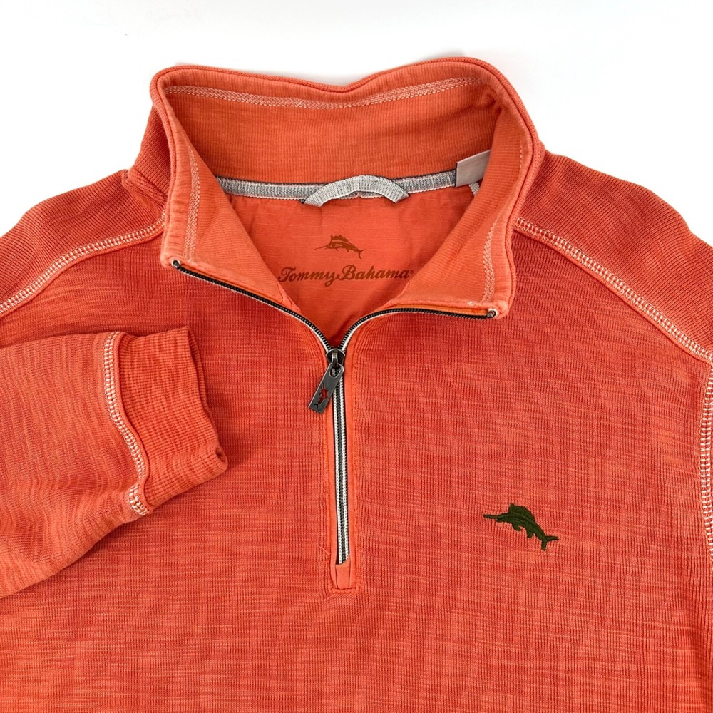 Tommy Bahama Mens Orange Pima Cotton Tencel 1/4 Zip Pullover Sweater Large